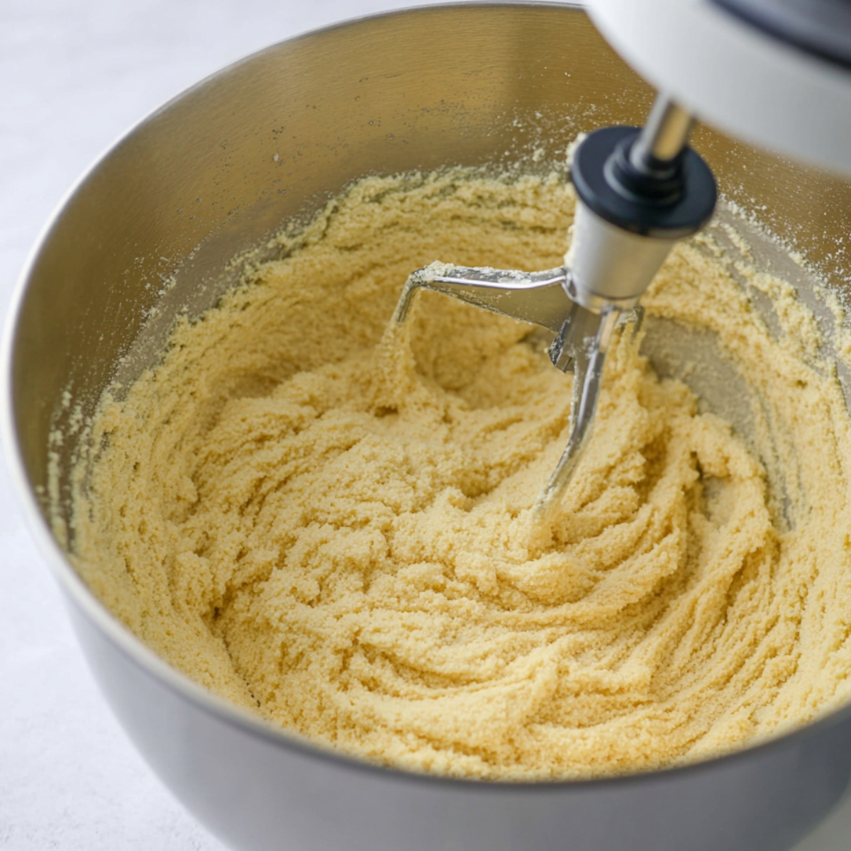 Moist Gingerbread Layer Cake 10 Crumbly yellow batter in a stand mixer bowl.