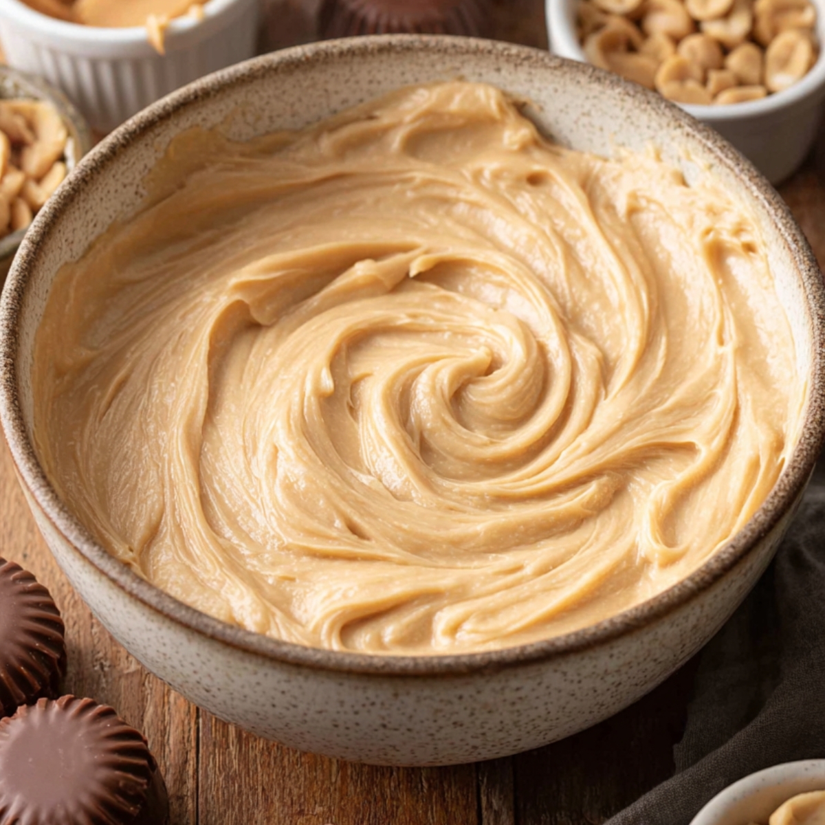 Easy Peanut Butter Cup Cupcakes 10 Creamy peanut butter frosting with a swirl, surrounded by peanuts and cups.