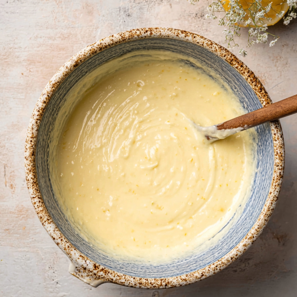 Delicious Lemon Gooey Butter Cake 10 A close-up of a mixing bowl containing lemon cake batter with a wooden spoon, surrounded by lemon slices.