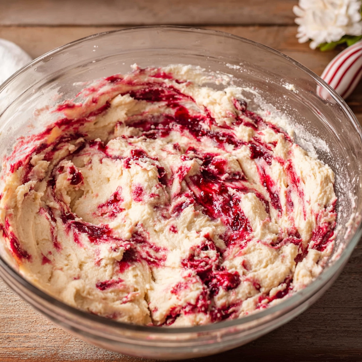 Strawberry Shortcake Cookies Recipe 11 A close-up of a glass bowl with creamy dough, streaked with vibrant raspberry jam swirls, showcasing a thick and smooth texture.