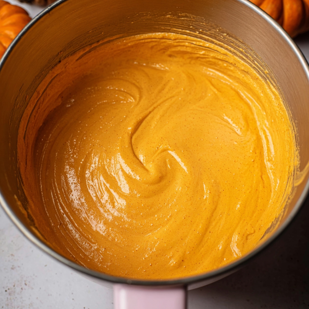 Easy Pumpkin Streusel Cheesecake Recipe 11 Close-up of creamy, spiced pumpkin batter in a mixing bowl, showcasing a smooth and rich golden color with a hint of cinnamon.