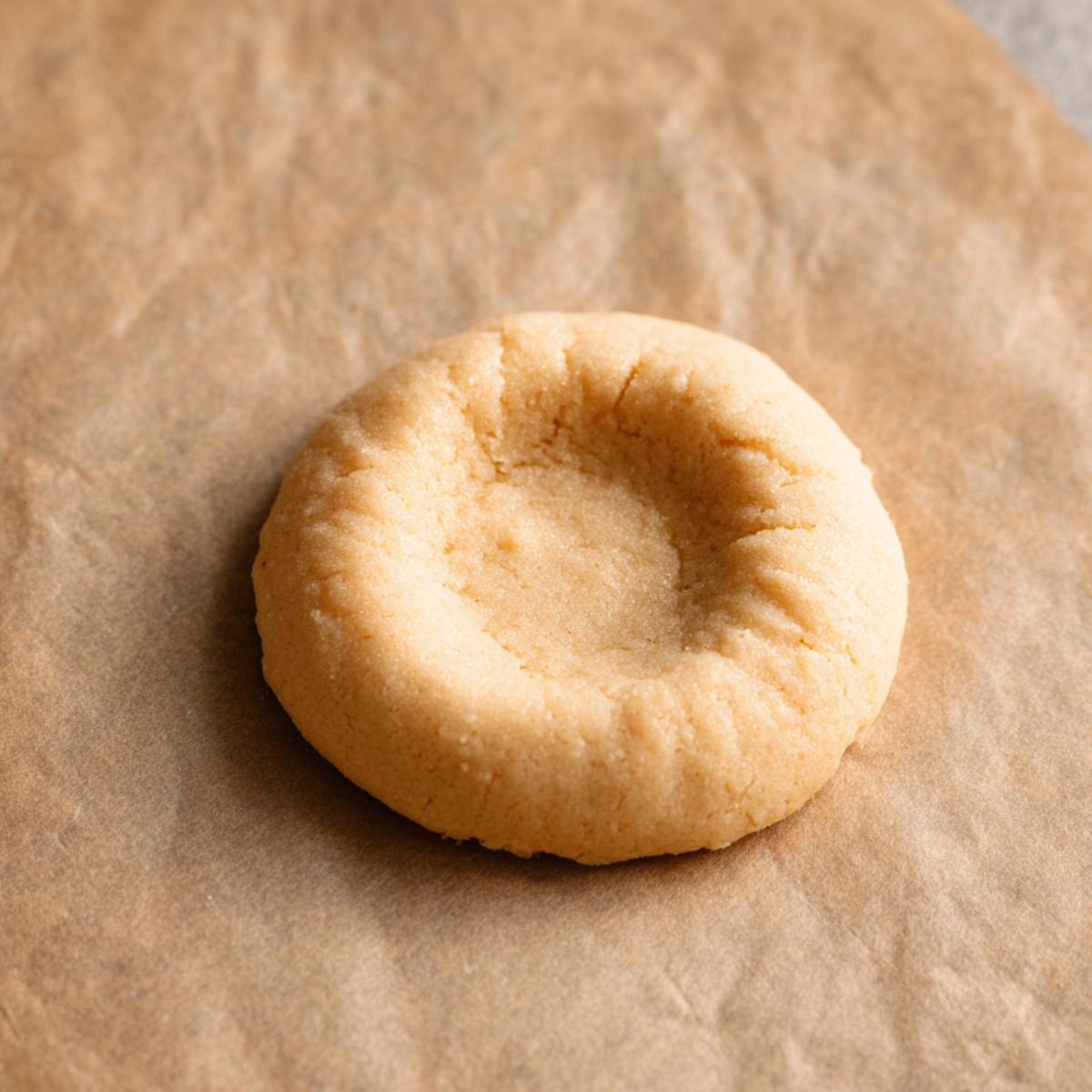 The Best Almond Cookies Recipe 11 Raw almond cookie dough ball with an indentation in the center, ready to bake.