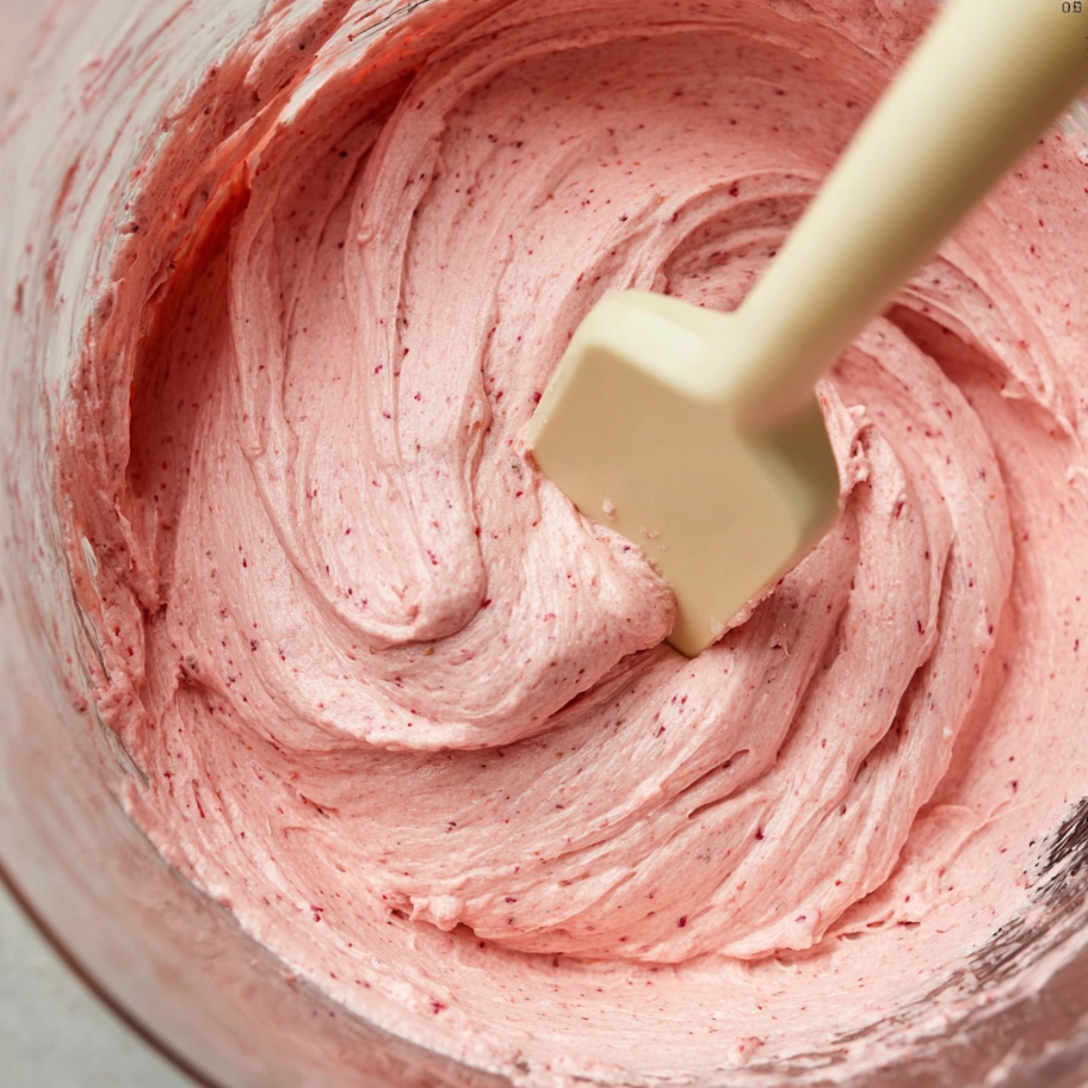 Pistachio Cupcakes with Strawberry Buttercream 11 Smooth strawberry buttercream frosting in a bowl with a spatula.