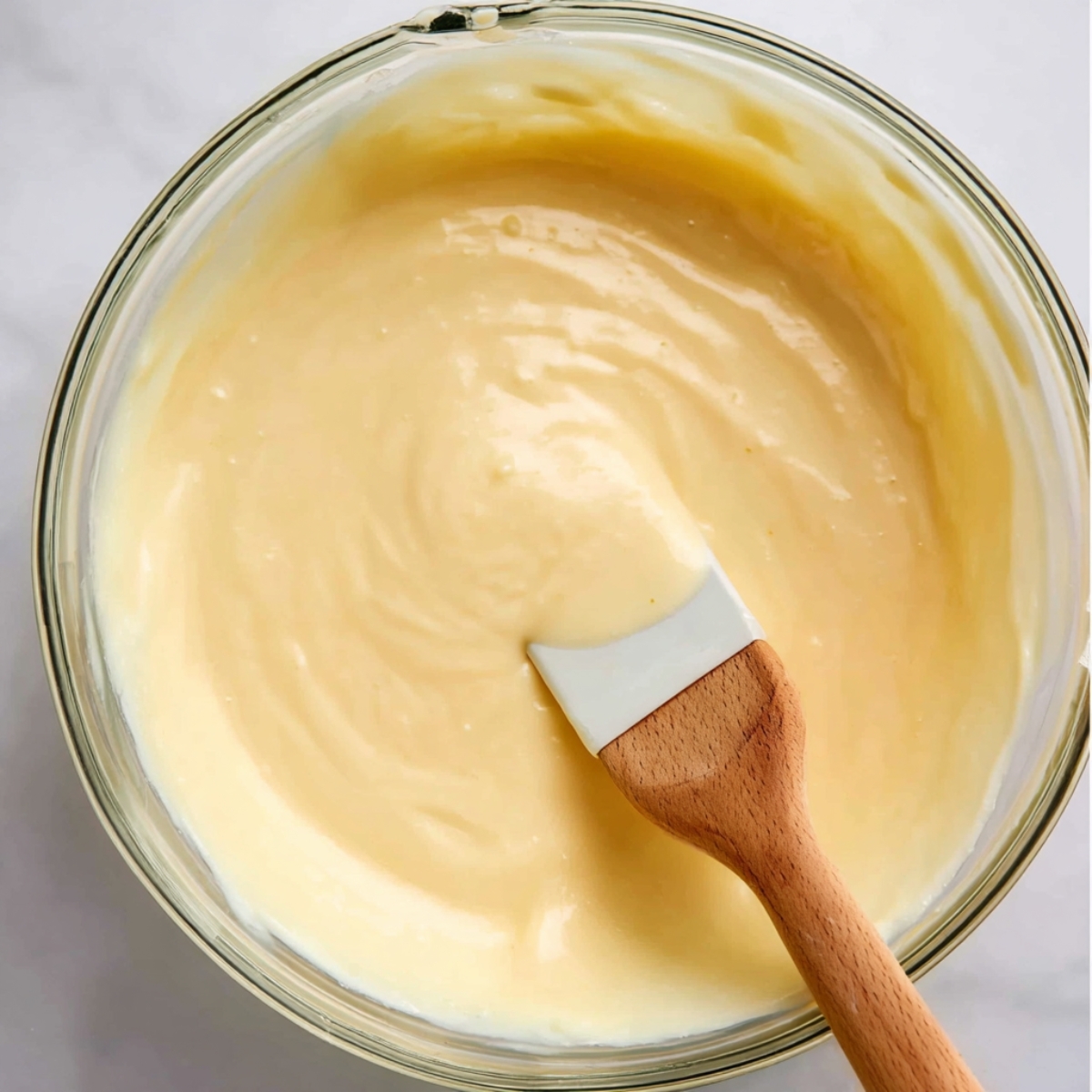 Greek Yogurt Lemon Bars Recipe 11 A smooth, creamy lemon filling with a pale yellow color in a glass bowl, stirred with a silicone spatula.