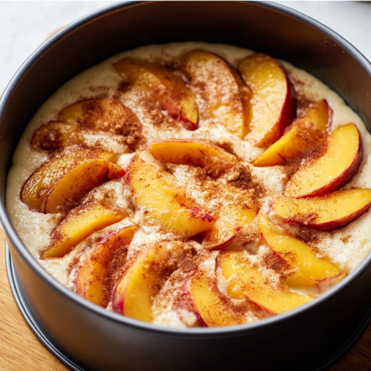 Fresh Peach Cake Recipe 11 Peach slices sprinkled with cinnamon on top of cake batter before baking.