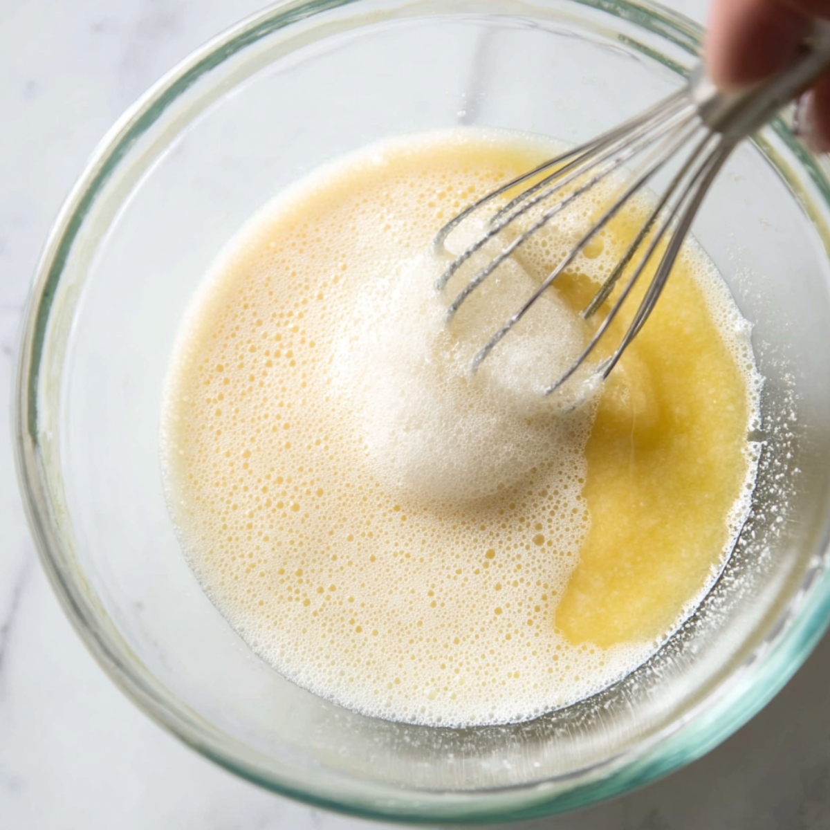 Easy Mini Egg Brownies Recipe 10 A glass bowl containing a whisked egg and sugar mixture, showing bubbles forming on the surface.