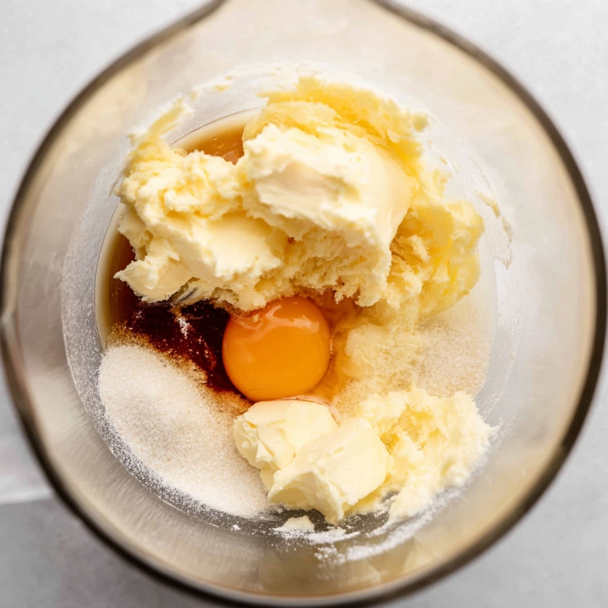Easy Sugar Cookie Bars Recipe 10 Close-up of wet ingredients including butter, sugar, egg, and vanilla extract in a mixing bowl before being blended together.