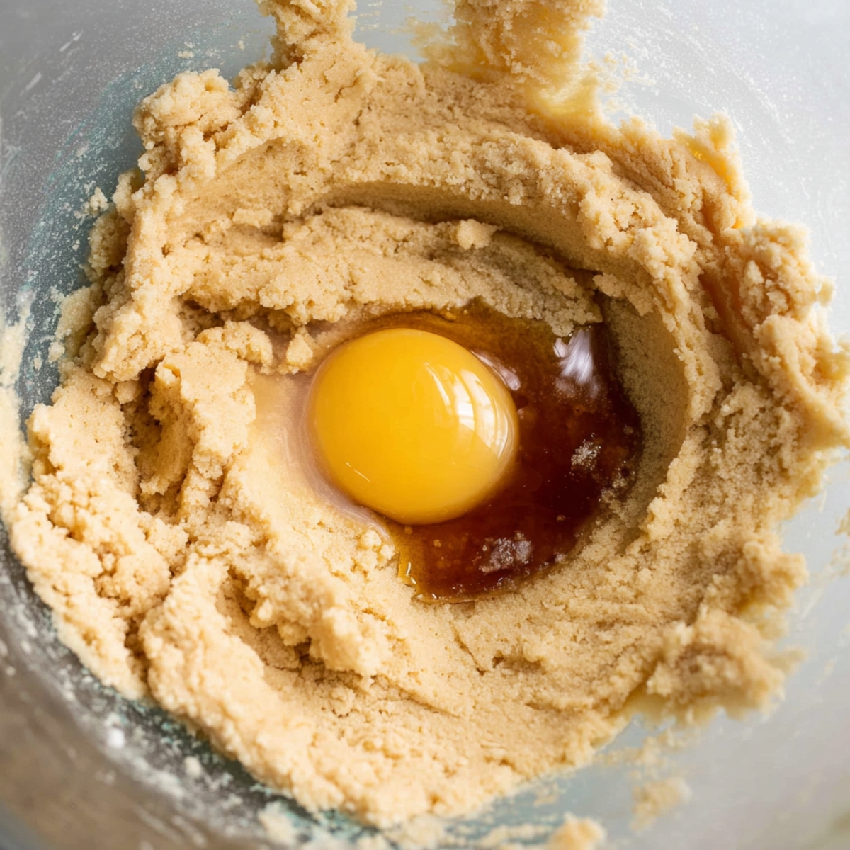 Easy Candy Cookie Bars Recipe 10 A mixing bowl with cookie dough and a well in the center, holding an egg and vanilla extract, ready to be mixed.