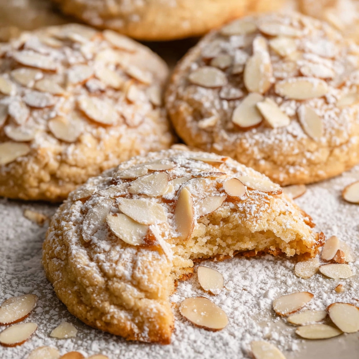 The Best Almond Cookies Recipe 9 Almond Cookies topped with slivers of almonds and powdered sugar, with one broken to show the interior.