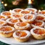 A plate stacked with beautifully baked Apricot Tarts, dusted with powdered sugar. The tarts are golden brown with apricot filling in the center, giving them an elegant, festive look, perfect for a holiday setting.