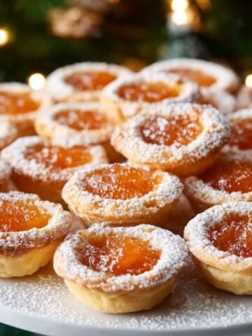 Homemade Apricot Tarts Recipe 2 A plate stacked with beautifully baked Apricot Tarts, dusted with powdered sugar. The tarts are golden brown with apricot filling in the center, giving them an elegant, festive look, perfect for a holiday setting.