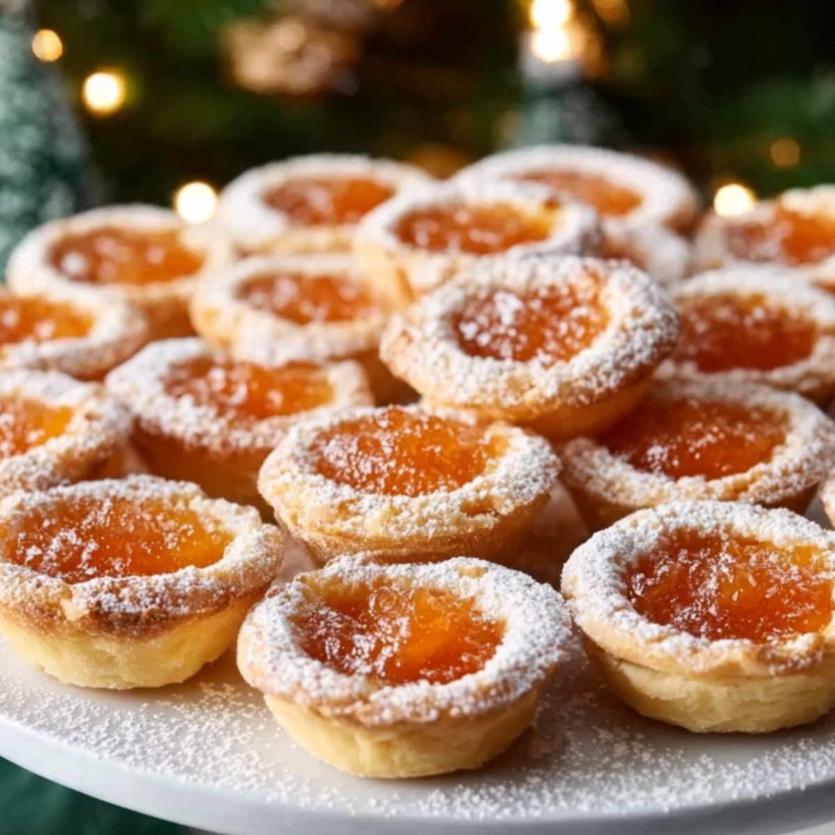 A plate stacked with beautifully baked Apricot Tarts, dusted with powdered sugar. The tarts are golden brown with apricot filling in the center, giving them an elegant, festive look, perfect for a holiday setting.