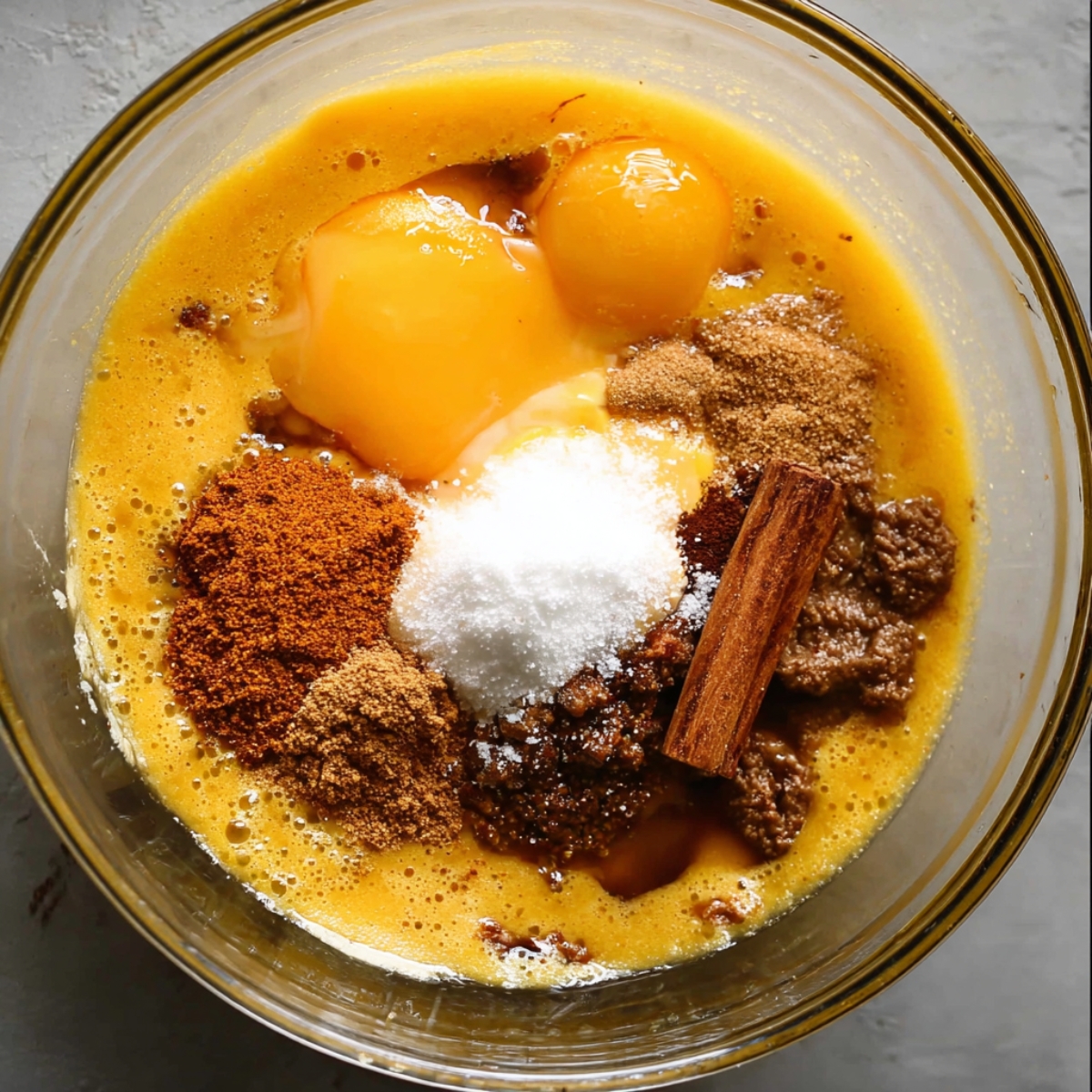 Easy Pumpkin Bread Pudding Recipe 11 A glass mixing bowl with eggs, sugar, brown sugar, cinnamon, and other spices for the pumpkin bread pudding custard mixture.