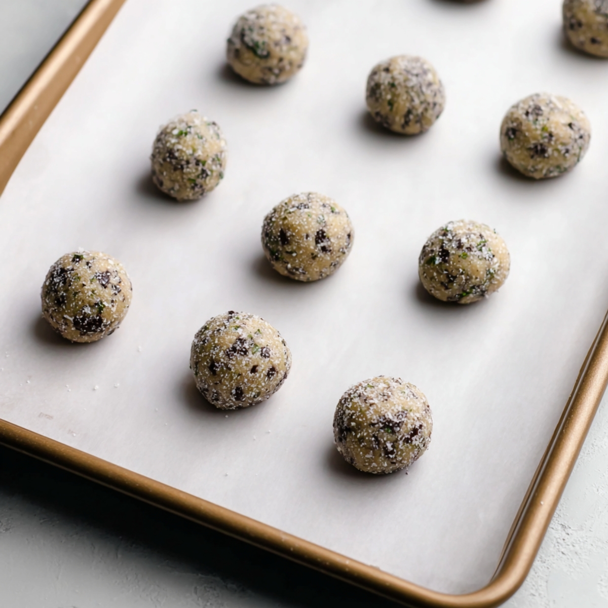 Best Chocolate Mint Cookies Recipe 11 Mint chocolate cookie dough balls on a parchment-lined baking sheet, ready to bake.