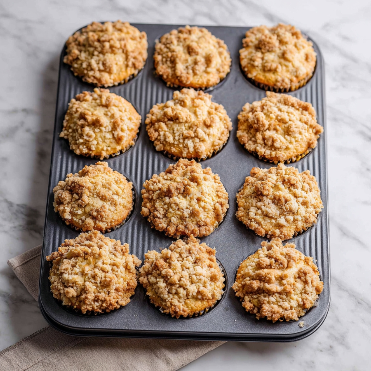 Easy Coffee Cake Muffins Recipe 11 A tray of freshly baked coffee cake muffins with a golden, crumbly streusel topping, arranged neatly in their muffin cups.