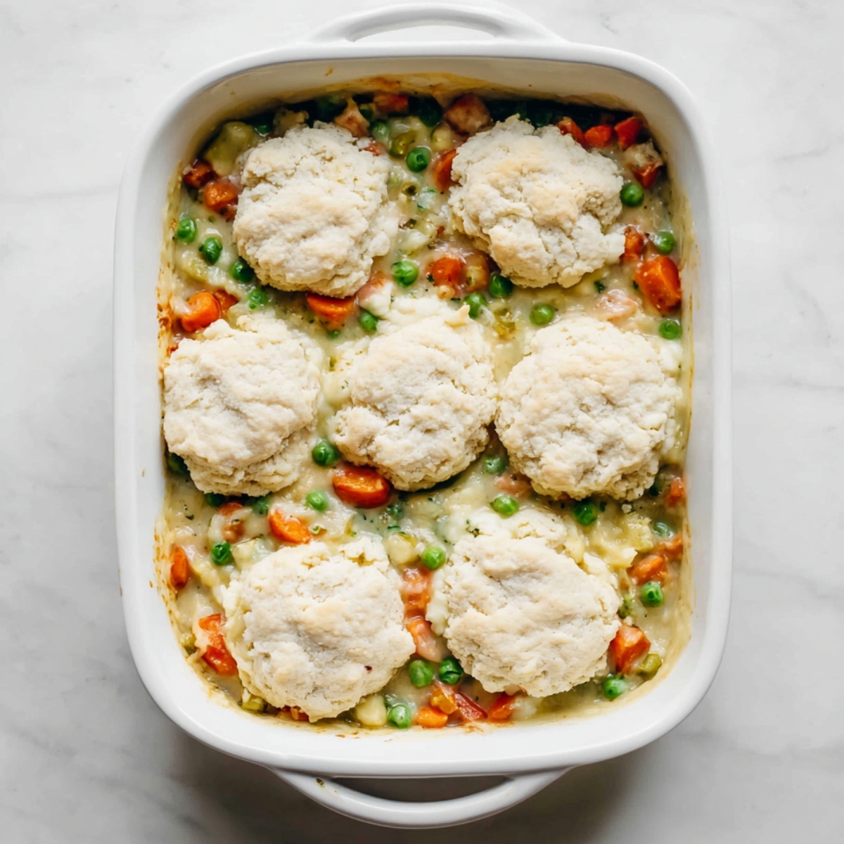 Biscuit Vegetable Pot Pie Casserole 11 Top-down view of a white casserole dish filled with creamy vegetable mixture, including peas, carrots, and broccoli, topped with raw biscuit dough rounds before baking.