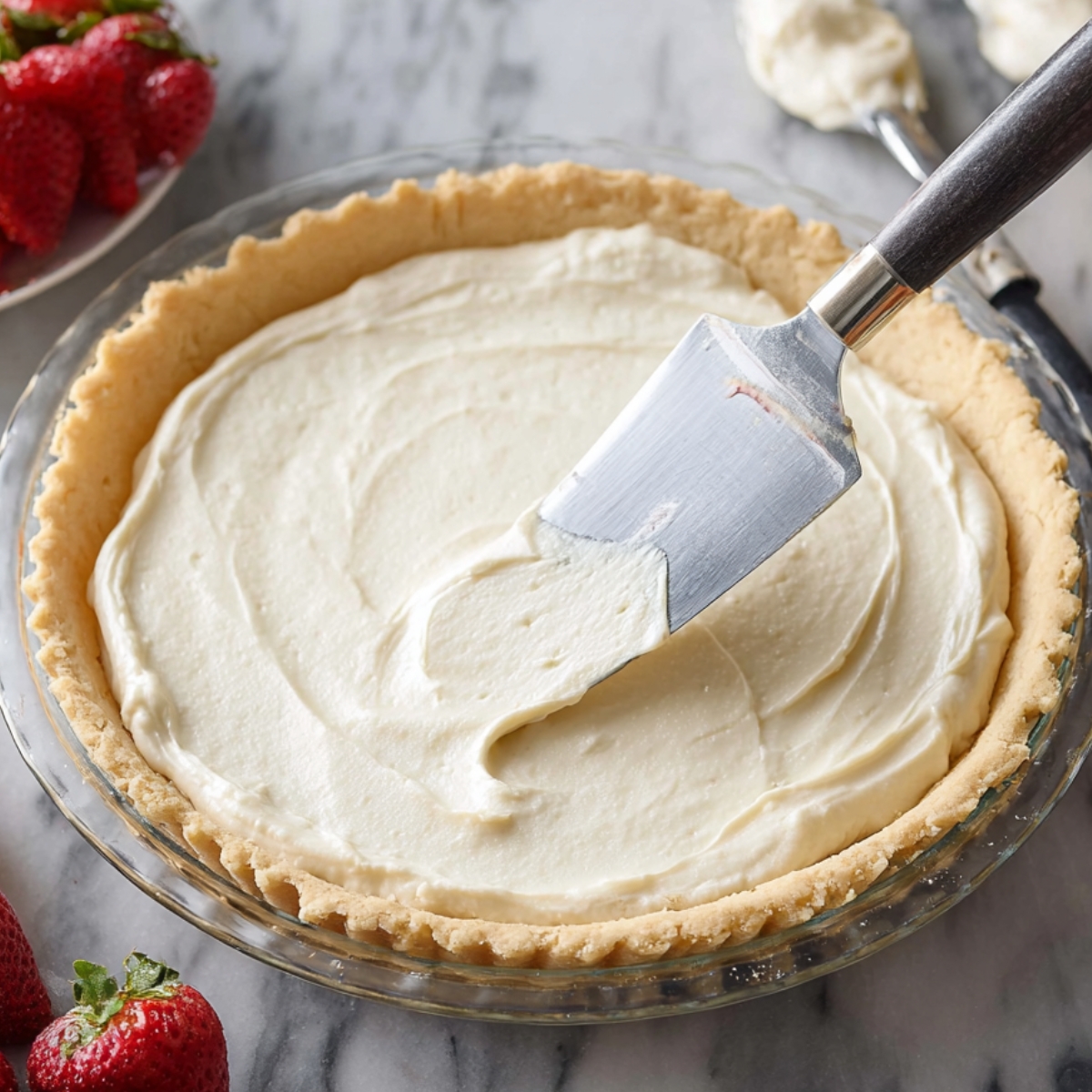 Homemade Strawberry Tart Recipe 11 A creamy filling being spread evenly inside a pre-baked tart shell, with a spatula smoothing the mixture. Fresh strawberries are placed around the tart as a garnish.