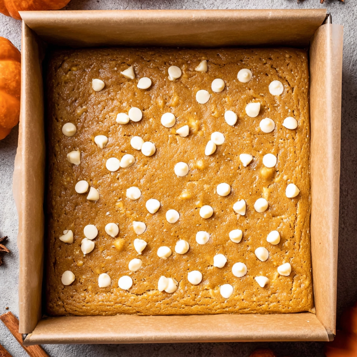 The Best Pumpkin Blondies Recipe 11 A freshly baked pan of pumpkin blondies topped with white chocolate chips, ready to be sliced into squares.