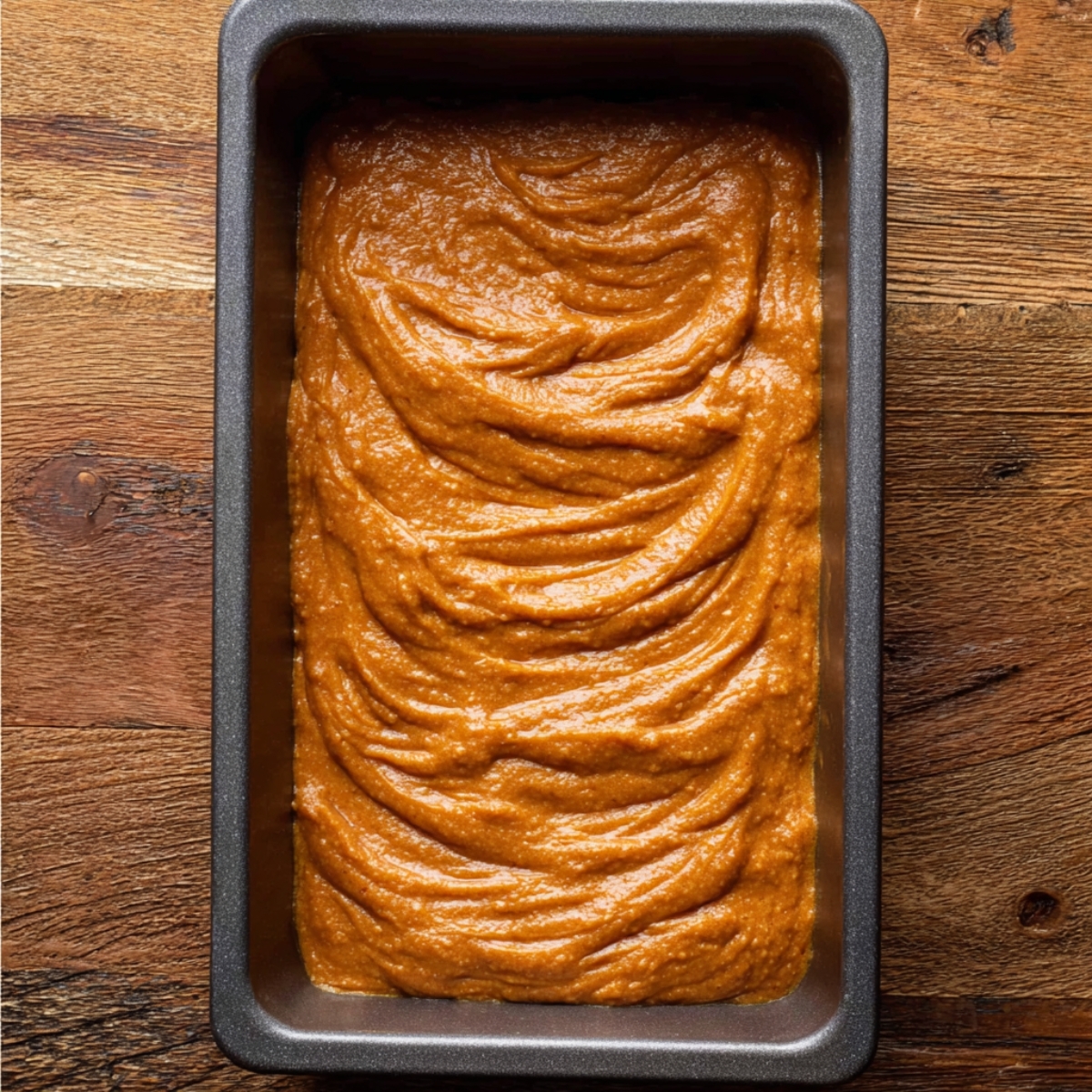 The Best Pumpkin Bread Recipe 11 Pumpkin bread batter in a loaf pan, ready to be baked, with a smooth and slightly textured surface.