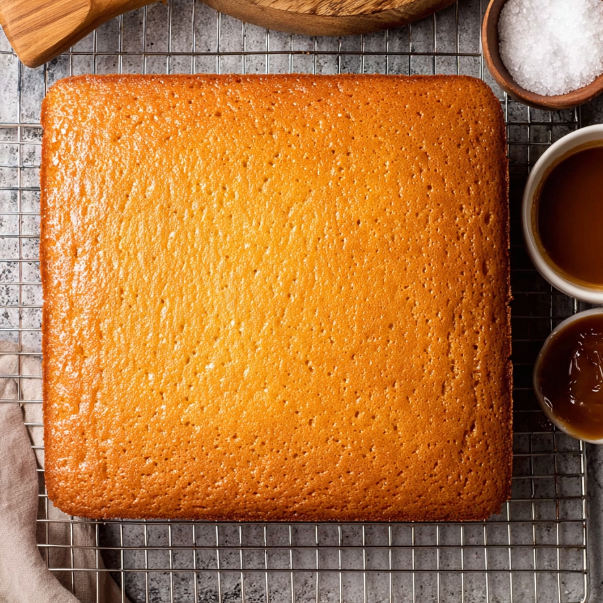 Moist Brown Butter Caramel Cake Recipe 10 A freshly baked square brown butter cake cooling on a wire rack, surrounded by bowls of caramel sauce and sea salt.