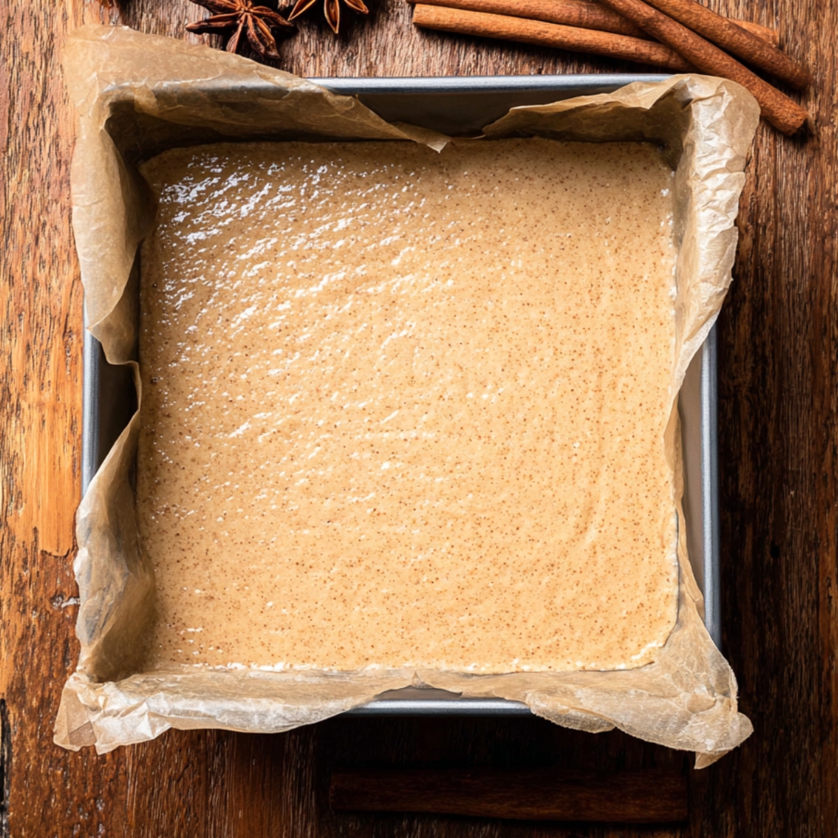 Easy Chai Cheesecake Bars Recipe 11 Baked chai cheesecake bars in a pan, ready for slicing.