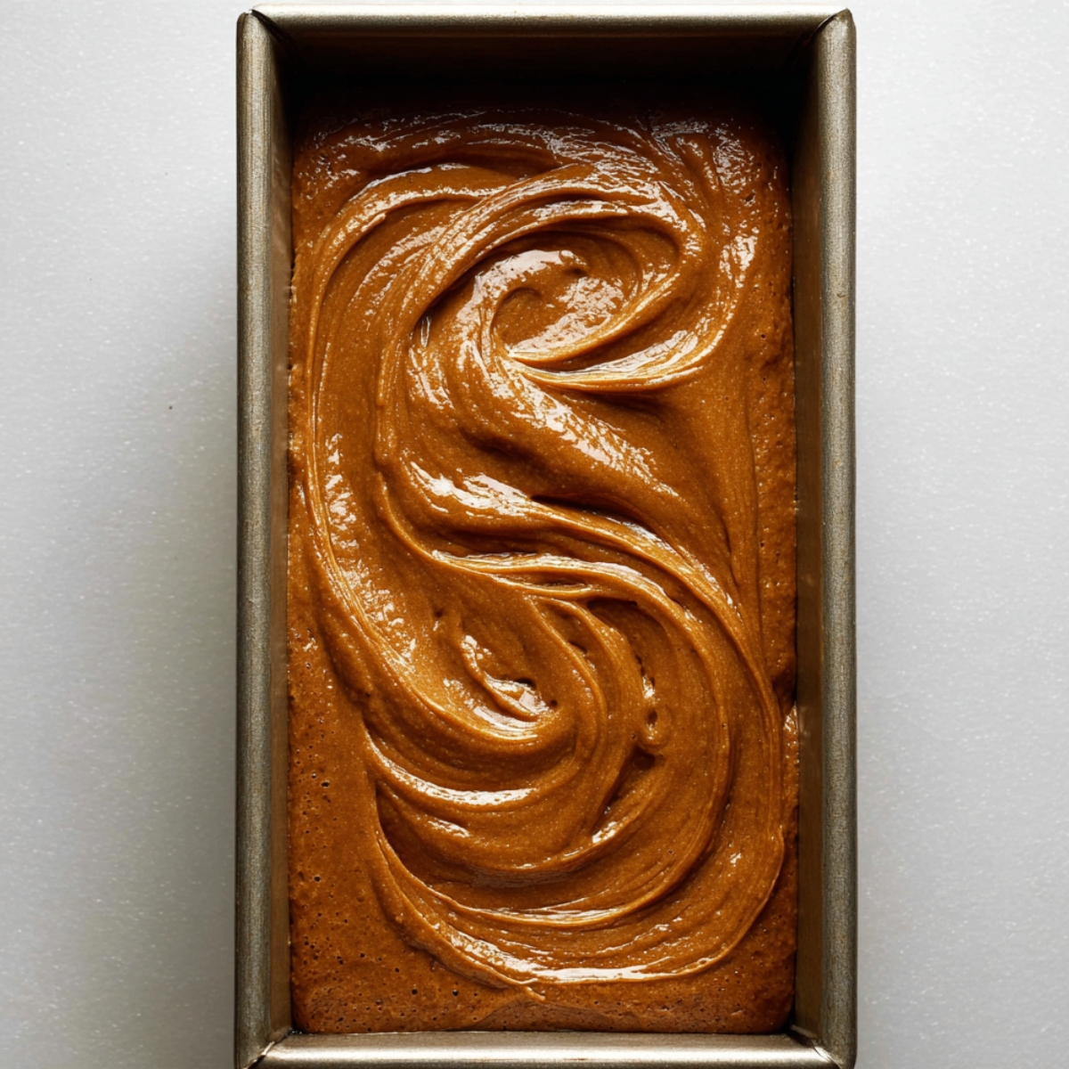 Easy Spiced Gingerbread Loaf Recipe 11 A loaf pan filled with smooth gingerbread batter, with swirls created on top, ready to be baked.