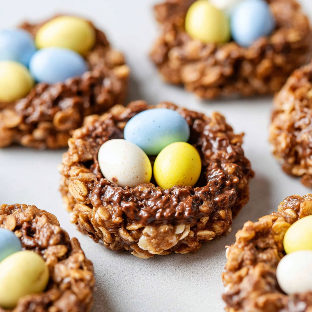 Birds Nest Cookies with pastel-colored candy eggs in the center.