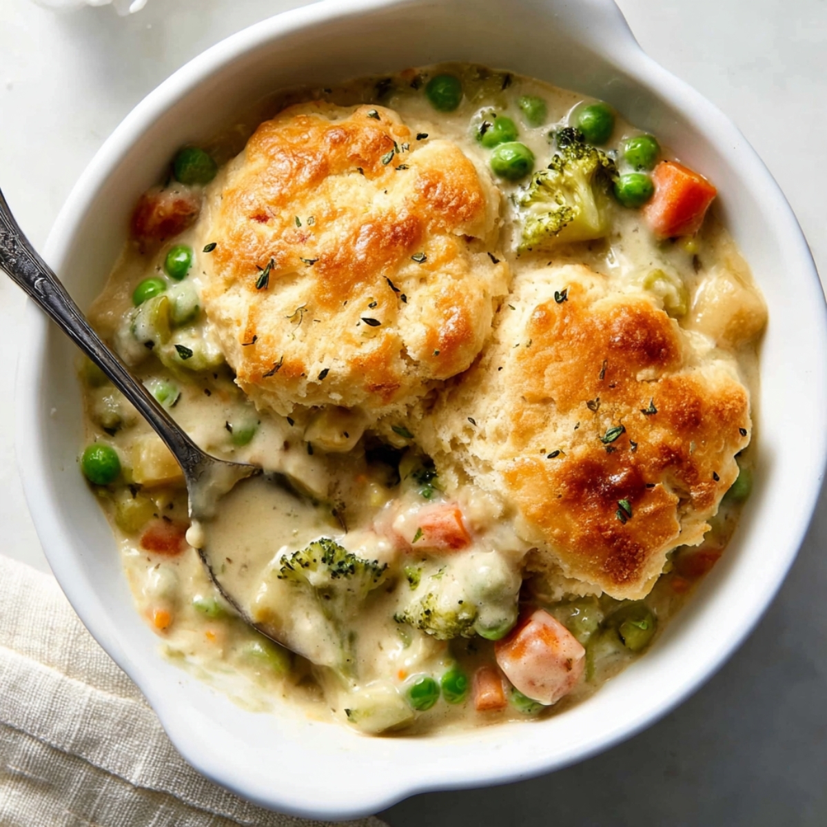 Biscuit Vegetable Pot Pie Casserole with golden, flaky biscuit topping, featuring a creamy mixture of peas, carrots, and broccoli in a white casserole dish.