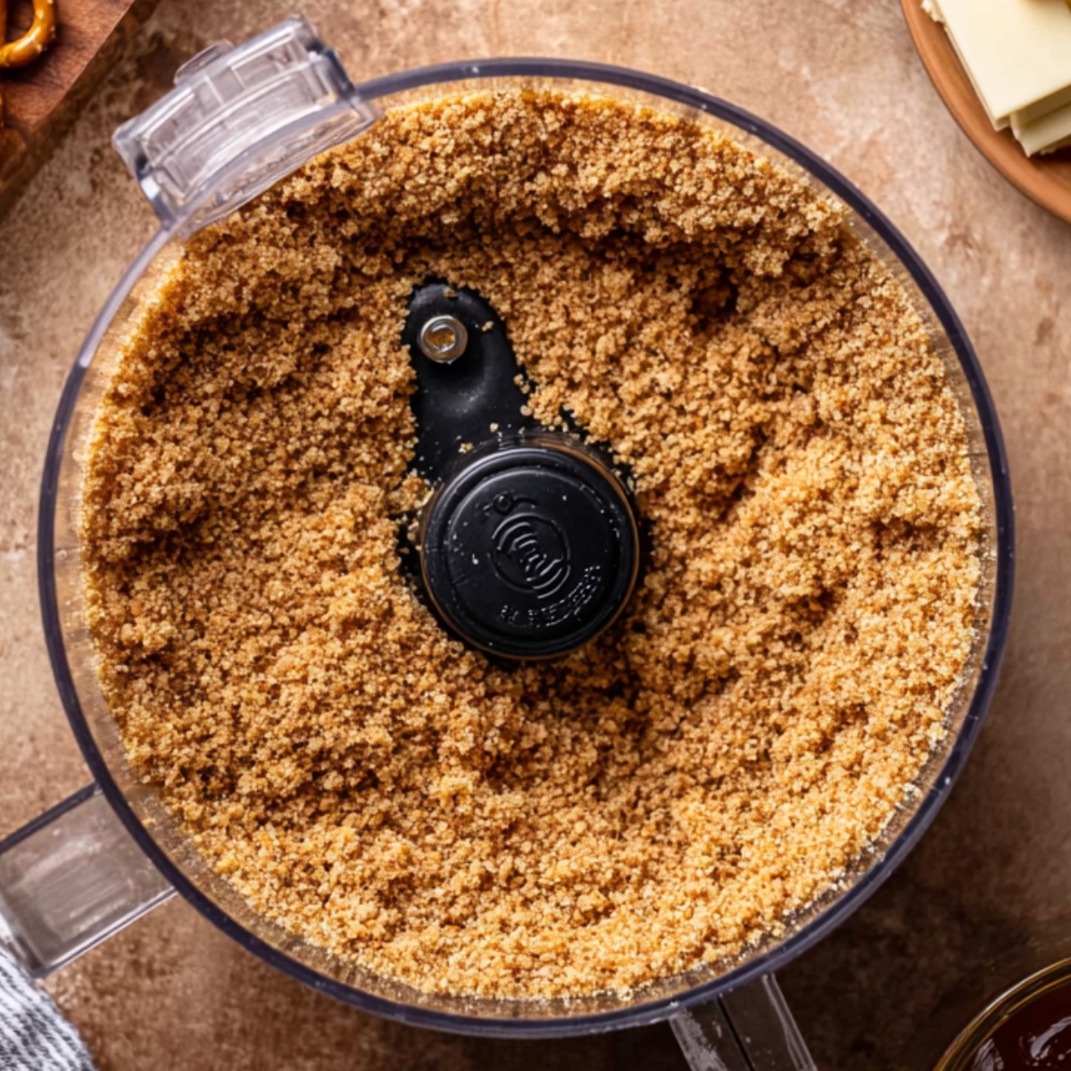 Best Salted Caramel Cheesecake 10 Crushed pretzels in a food processor, ready to be used as a base for a cheesecake crust.