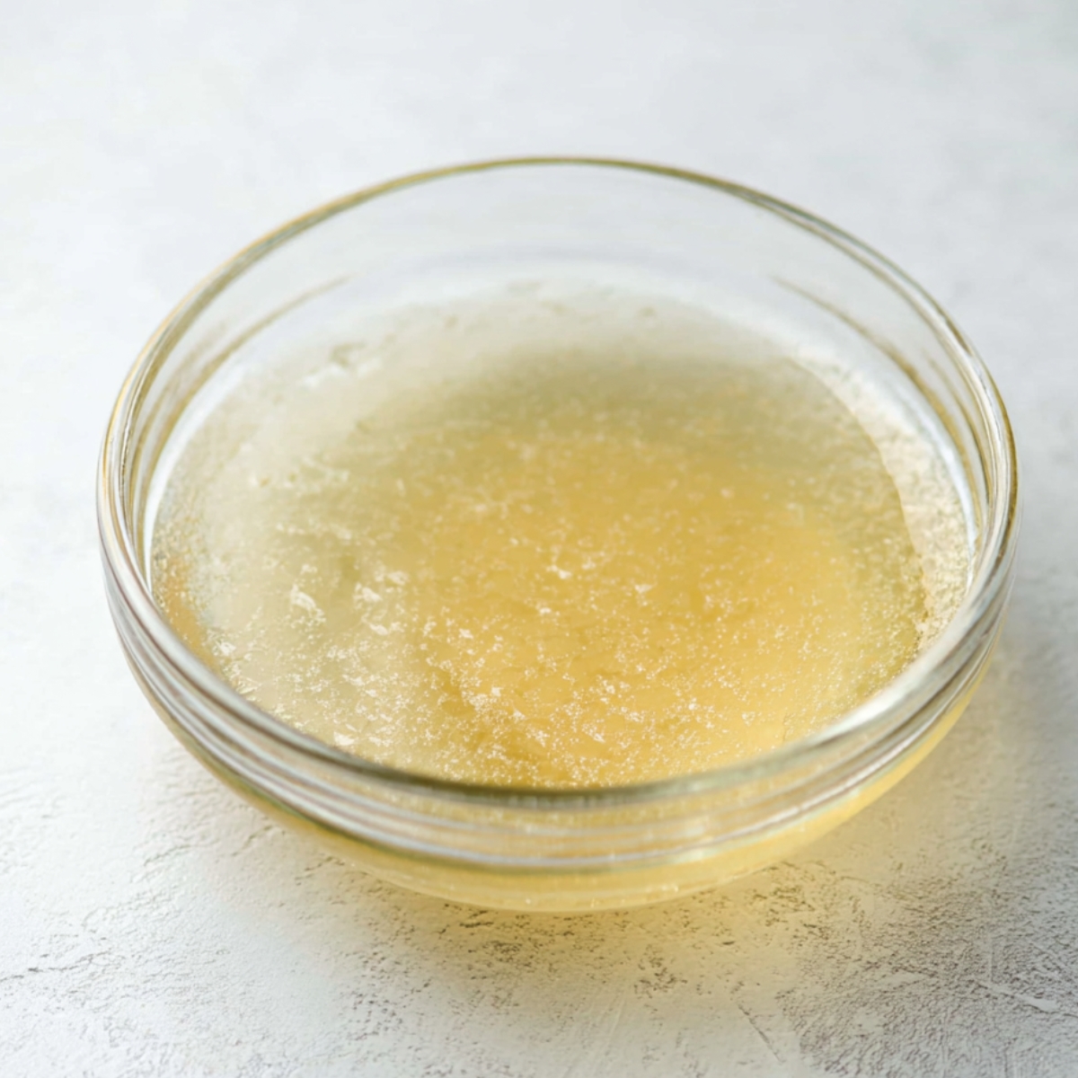Classic Panna Cotta Recipe 10 A close-up of gelatin dissolved in a clear glass bowl, with a slightly yellowish tint, ready for use in a dessert.