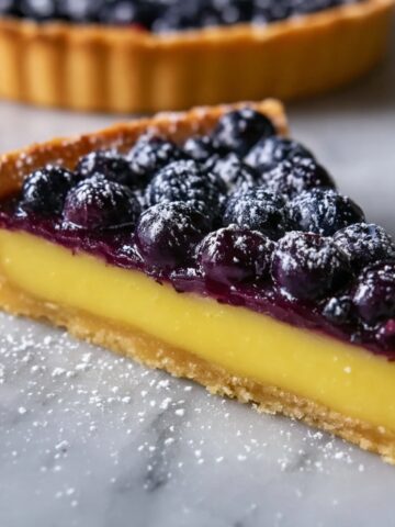 Fresh Blueberry Lemon Curd Tart 1 Slice of Blueberry Lemon Curd Tart with powdered sugar on top.