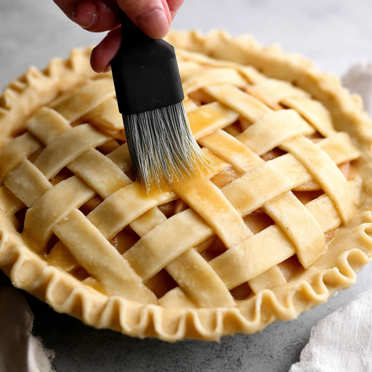 Homemade Pear Pie Recipe 11 A hand brushing an egg wash onto a lattice-crust pear pie, preparing it for baking. The golden glaze on the crust will ensure a beautifully glossy finish once baked.
