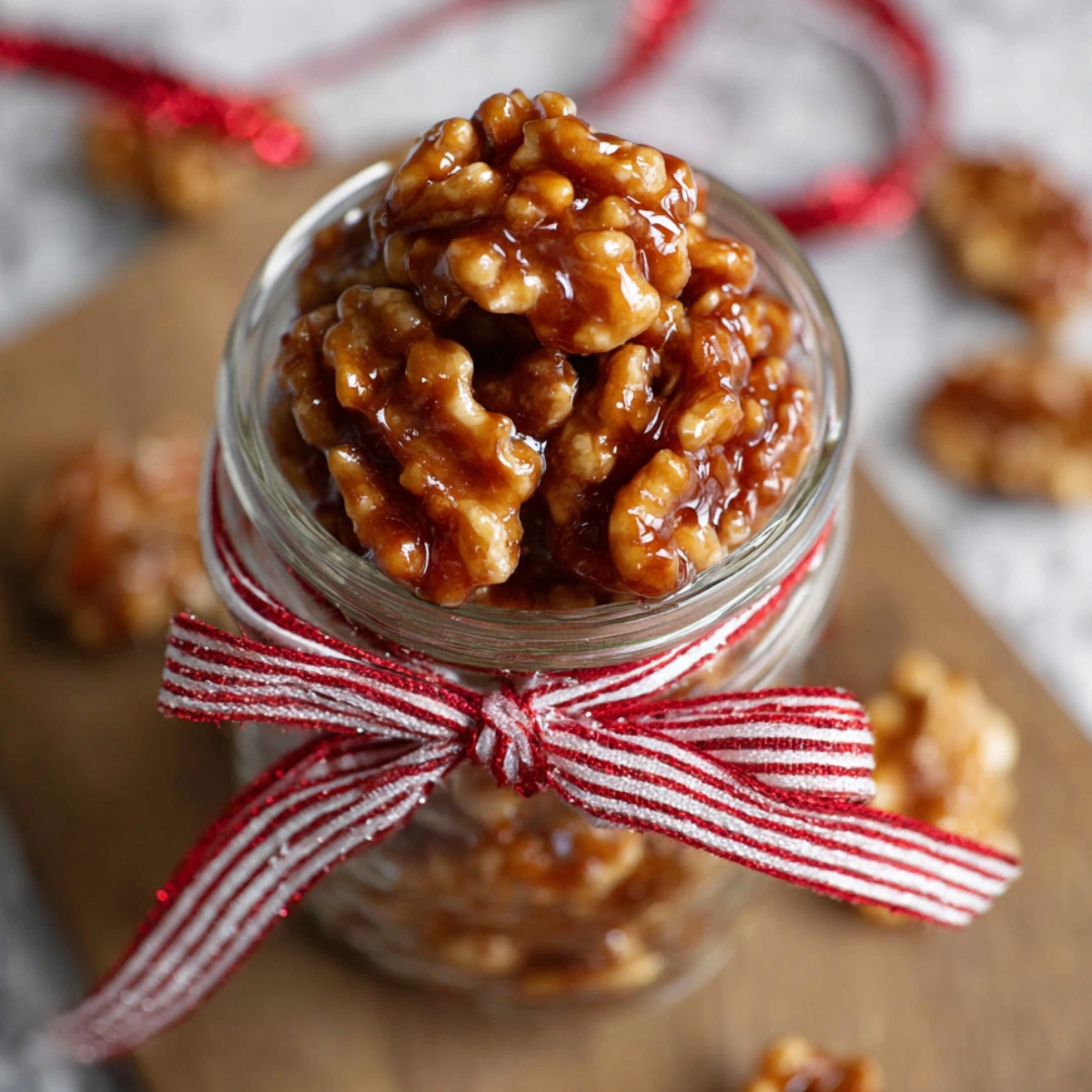 Candied Walnuts in a jar, tied with a red-and-white striped ribbon.