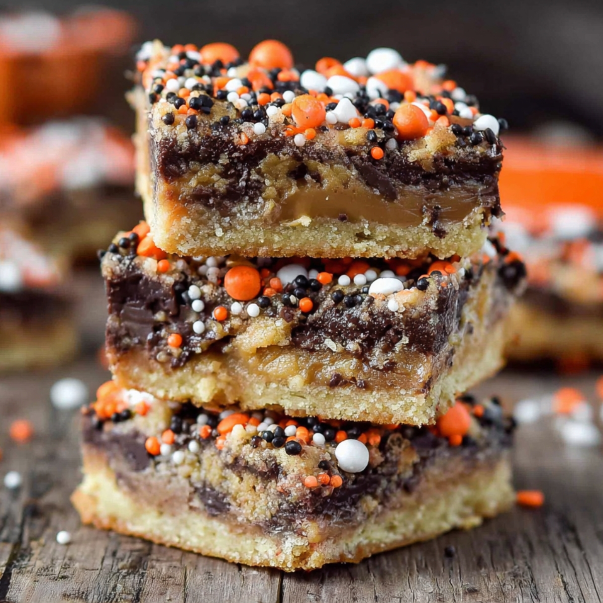 Stack of three Candy Cookie Bars, filled with chocolate and caramel, topped with orange, black, and white sprinkles.