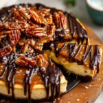 A stunning Caramel Turtle Cheesecake topped with caramel sauce, chocolate drizzles, and candied pecans. A slice has been cut, showcasing the creamy interior and rich flavors.