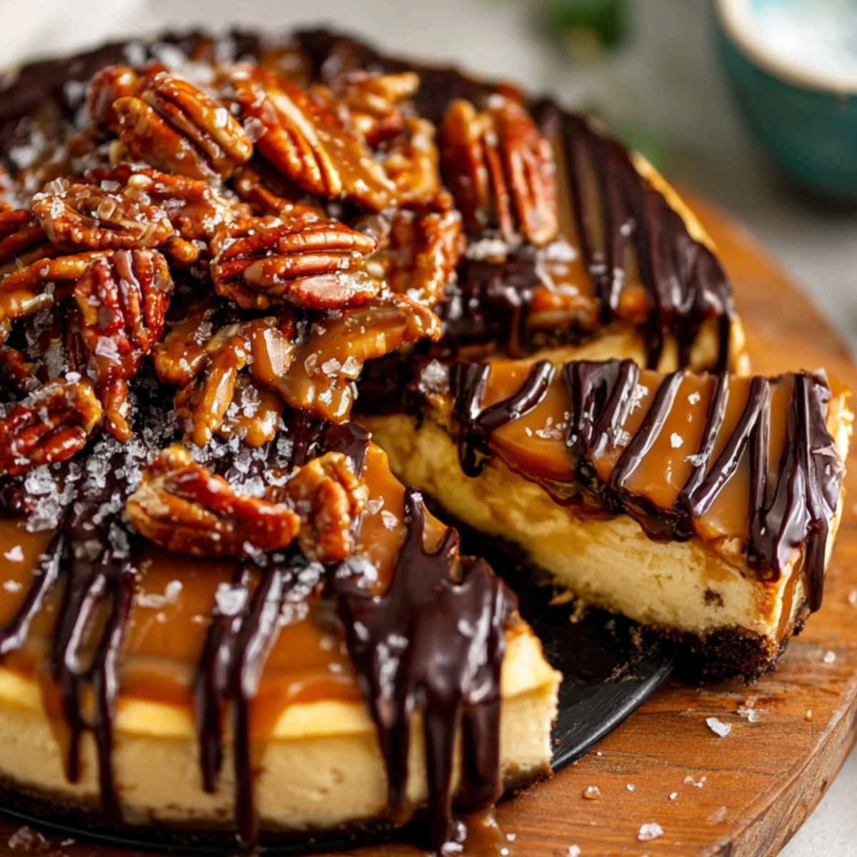 A stunning Caramel Turtle Cheesecake topped with caramel sauce, chocolate drizzles, and candied pecans. A slice has been cut, showcasing the creamy interior and rich flavors.