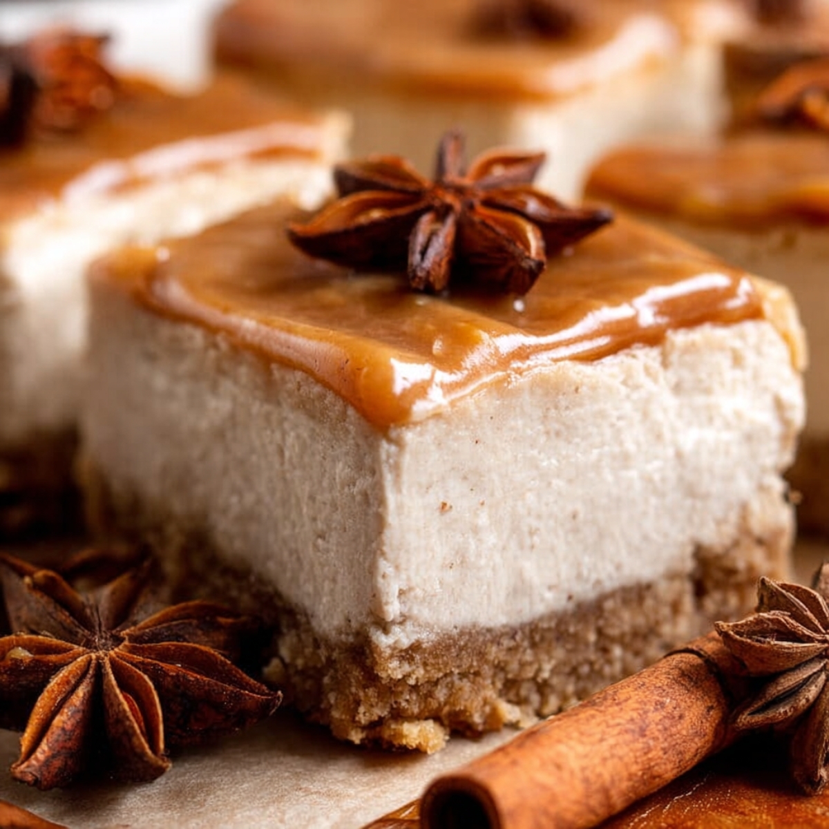 Chai Cheesecake Bars with a cinnamon caramel topping, garnished with star anise.