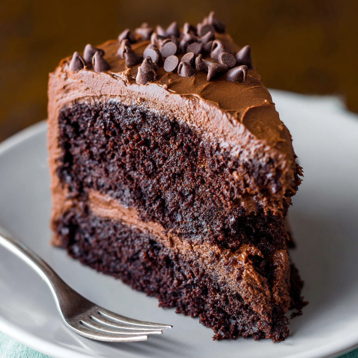 Deliciously Moist Chocolate Layer Cake 9 A slice of homemade Chocolate Layer Cake frosting, topped with mini chocolate chips, placed on a white plate with a fork beside it.