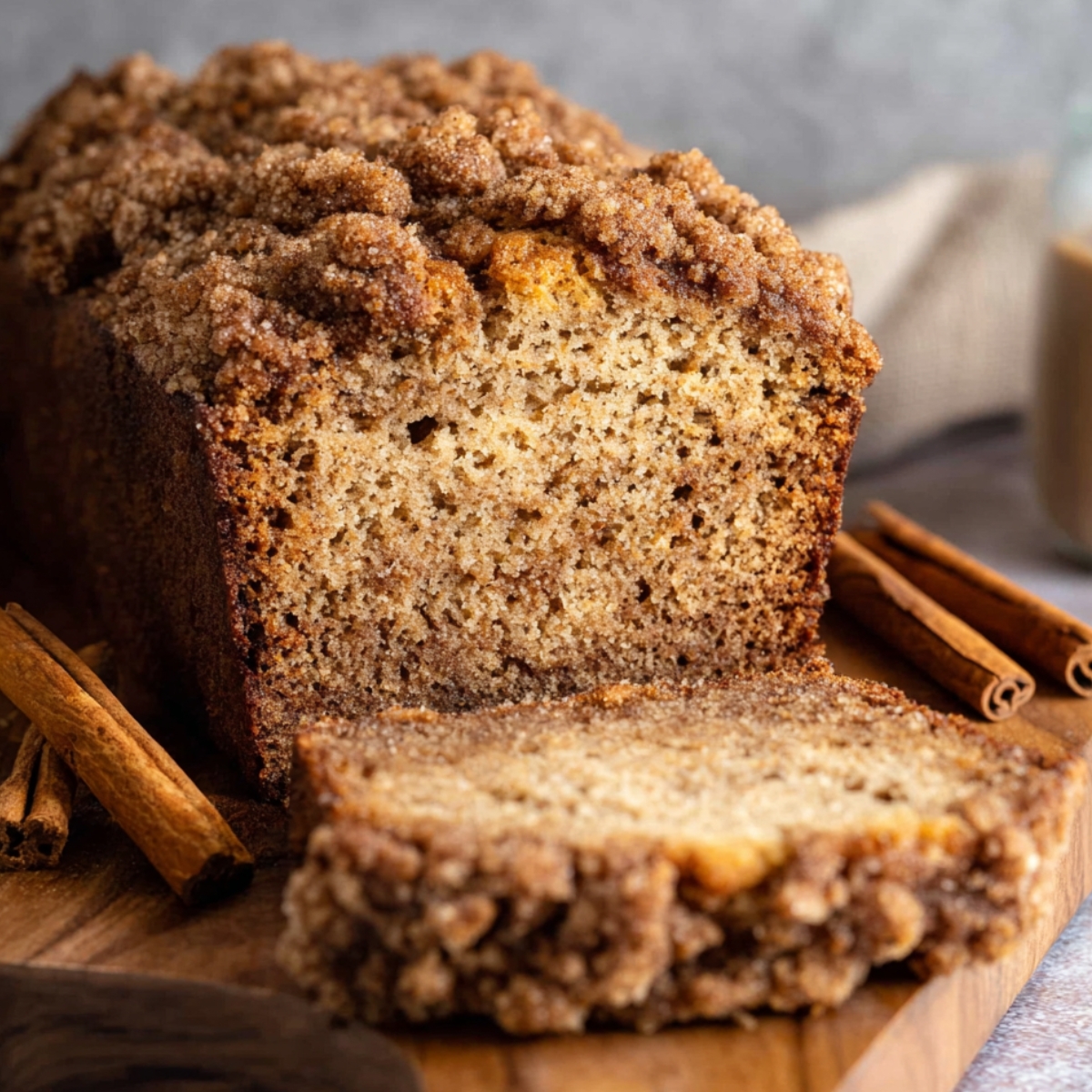 A freshly baked loaf of Cinnamon Streusel Banana Bread with a crumbly cinnamon streusel topping, sliced to reveal its soft, moist interior. The loaf is accompanied by cinnamon sticks and a cozy kitchen backdrop.