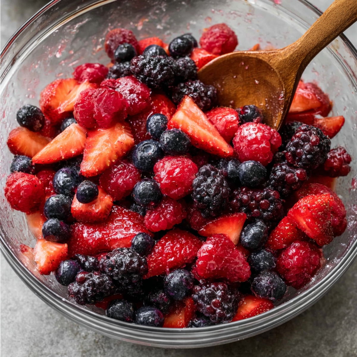 Easy Mixed Berry Pie Recipe 10 A glass bowl filled with a vibrant mix of fresh strawberries, raspberries, blueberries, and blackberries, with a wooden spoon stirring the fruits together.