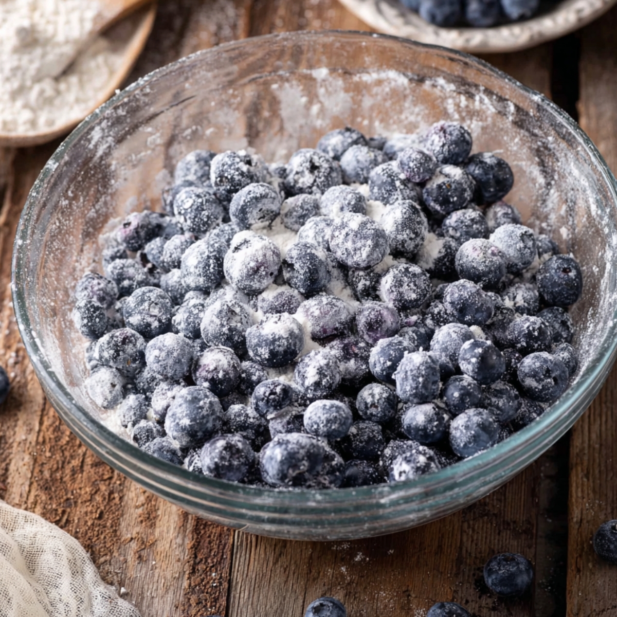 The Best Blueberry Muffins Recipe 10 A glass bowl filled with fresh blueberries coated in flour, ready to be added to muffin batter.