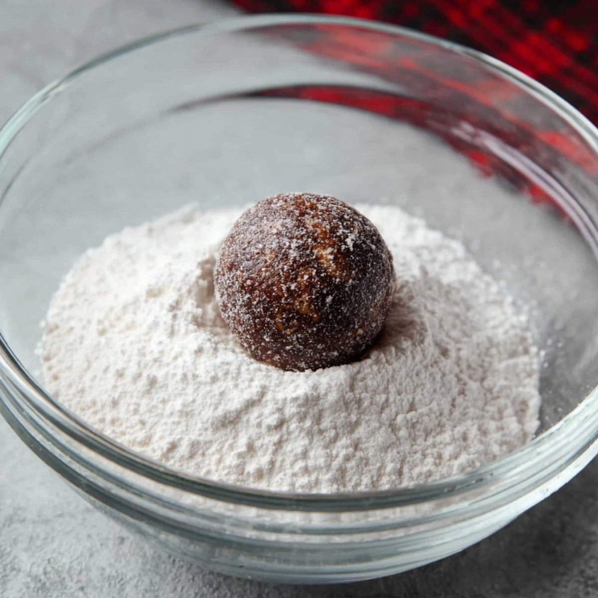 No-Bake Rum Balls Recipe 11 Chocolate ball in powdered sugar inside a glass bowl.