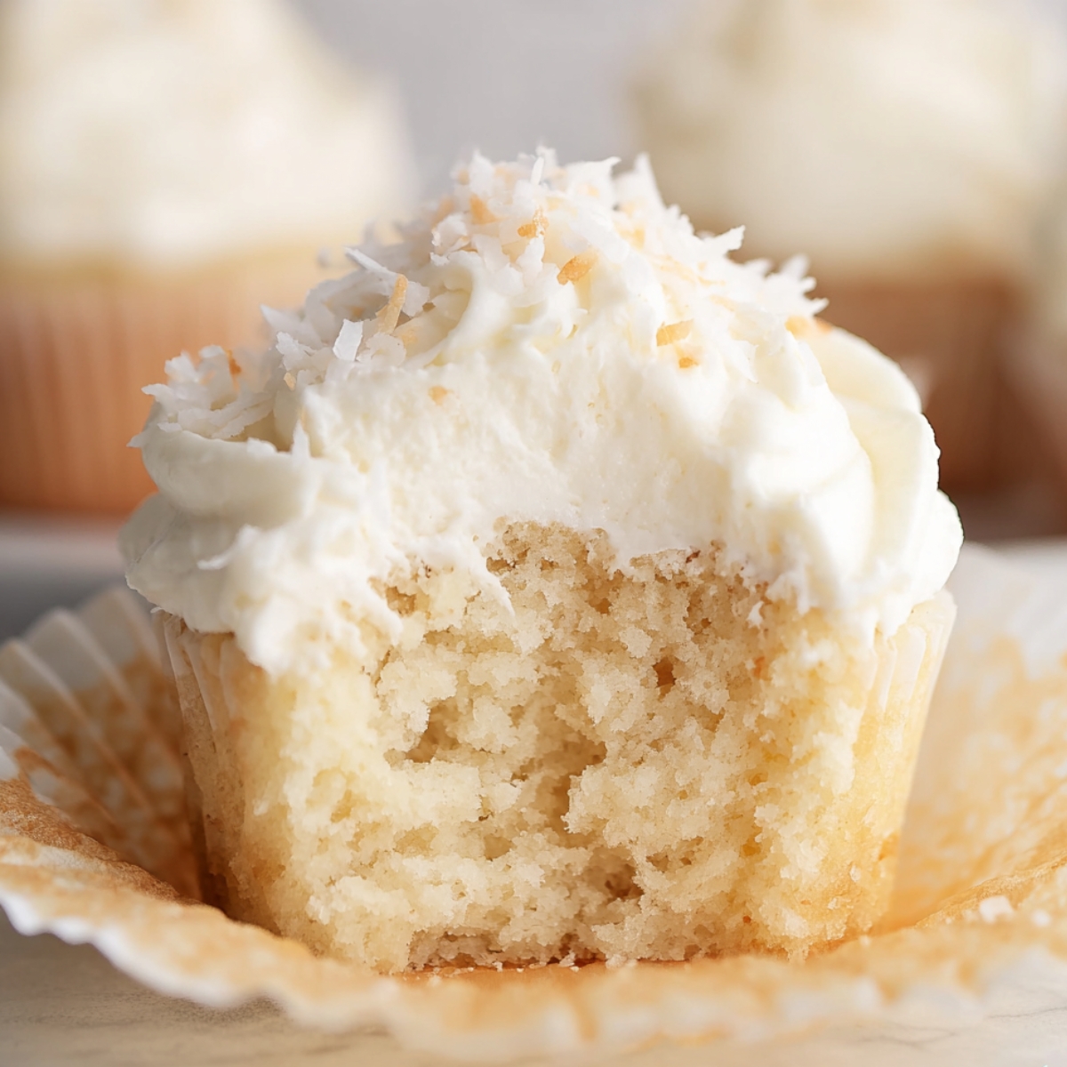 Fluffy Coconut Cupcakes with a bite taken out, topped with coconut flakes and creamy frosting.