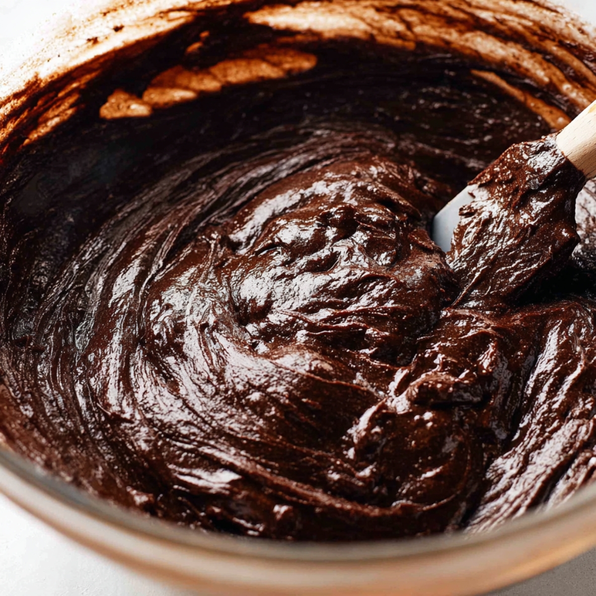 Homemade Salted Caramel Brownies 10 A close-up of thick, glossy brownie batter being mixed with a spatula in a glass bowl, showcasing a smooth and rich dark texture.