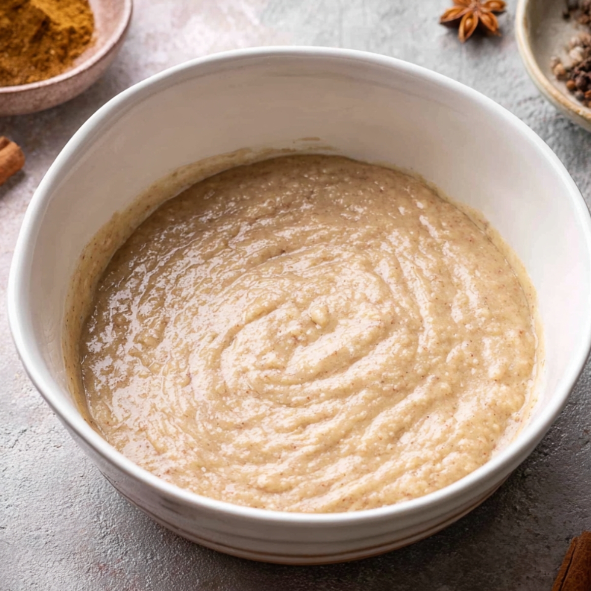 Easy Cinnamon Streusel Banana Bread 10 Smooth banana bread batter in a bowl, with cinnamon sticks, star anise, and ground cinnamon in the background, setting the stage for a warm, spiced loaf.
