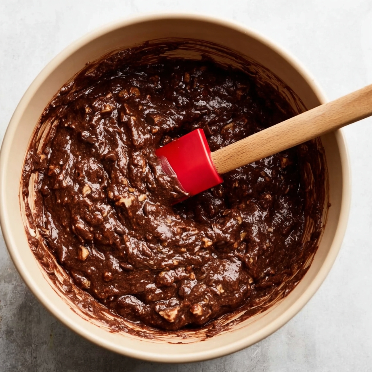 Double Chocolate Banana Bread 10 Chocolate banana bread batter in a beige bowl, with a red spatula stirring it. The batter is thick and studded with banana chunks and chocolate.