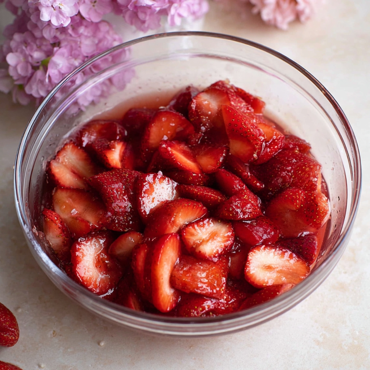 Easy Strawberry Cardamom Rose Pie 11 Sliced strawberries in a bowl with syrup and pink flowers in the background.