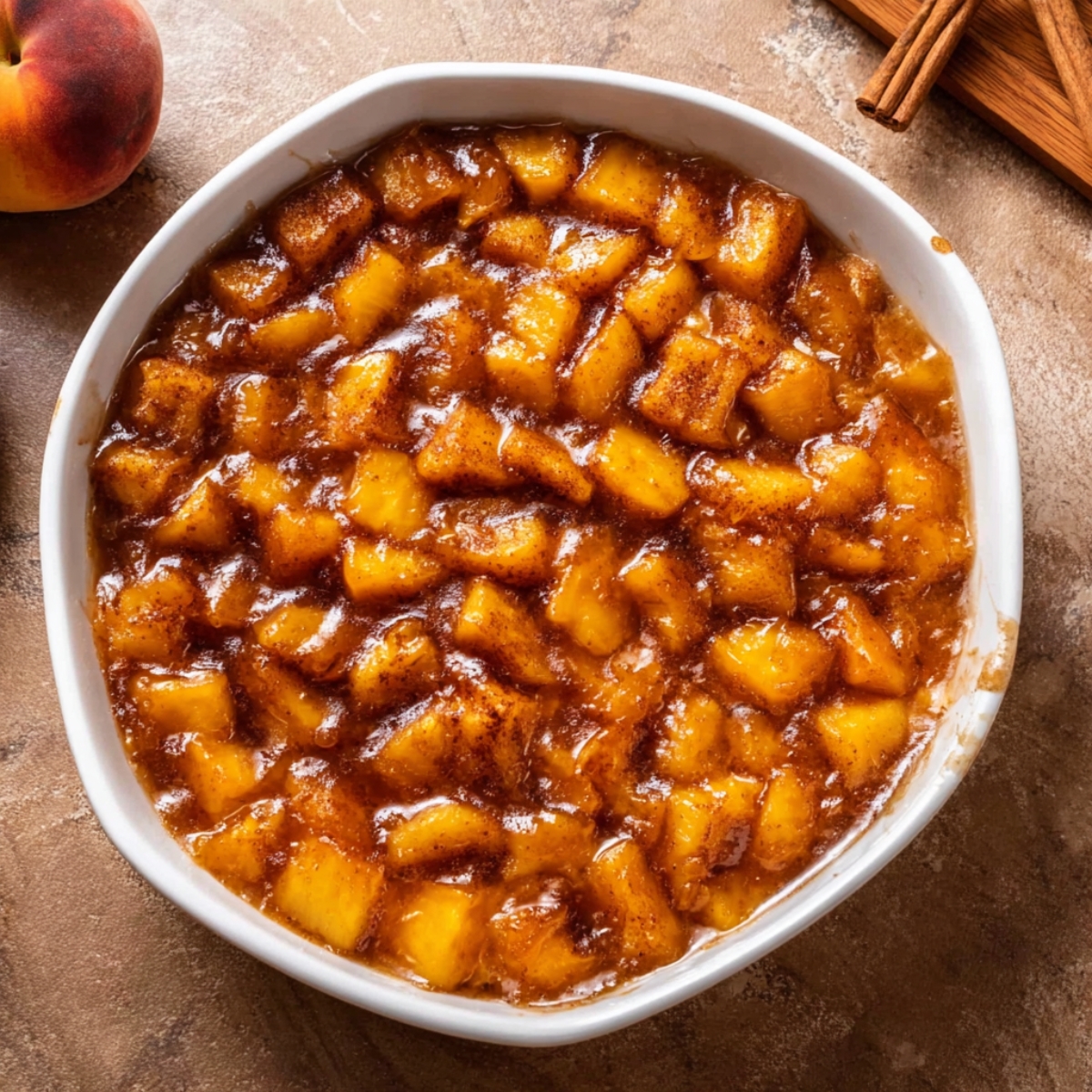 Easy Peach Cobbler Bars Recipe 11 Sweet and juicy peach filling mixed with spices, ready to be added into the crust for a delicious peach cobbler bar.