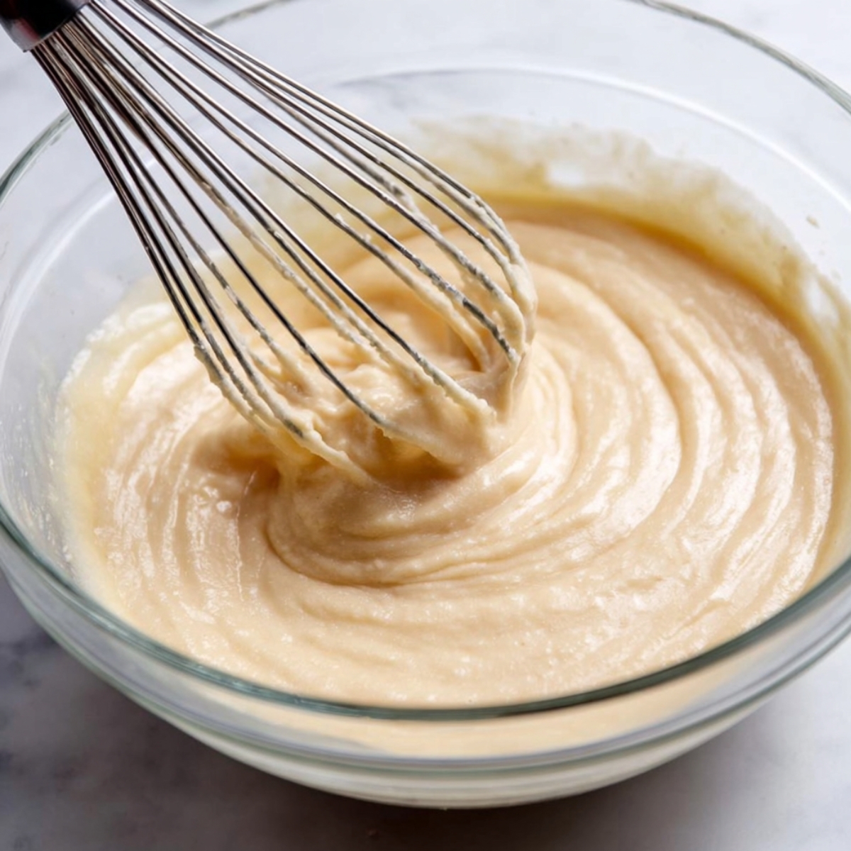 Fresh Peach Cake Recipe 10 A whisk mixing the wet ingredients for a cake in a clear glass bowl.