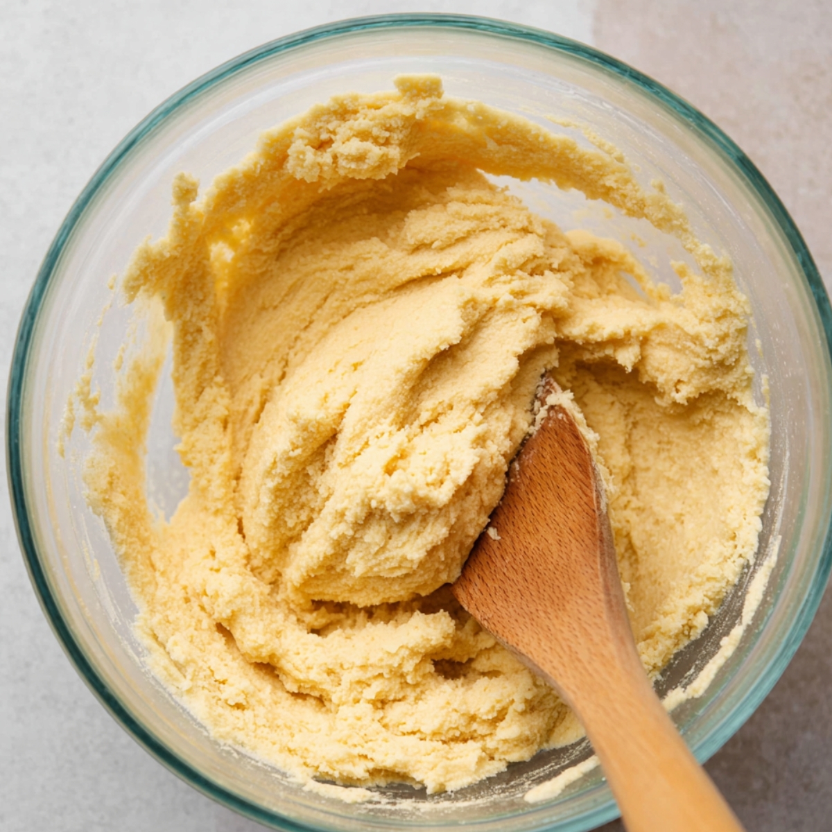 Easy Lemon Blueberry Cookies Recipe 10 Lemon dough in a glass bowl, mixed with a wooden spoon. The dough is smooth and slightly crumbly, ready for shaping into cookies or baked goods.